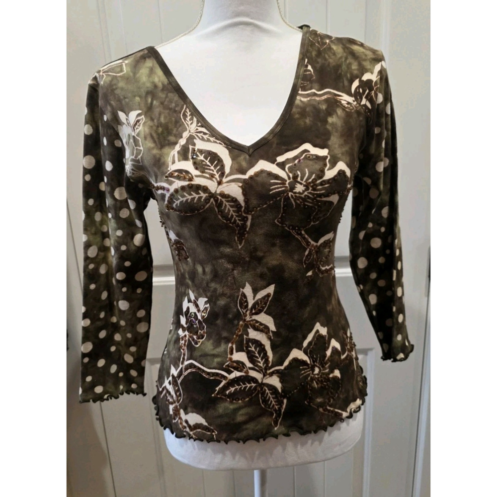 Chaudry B Size S NWT Sample Y2K Brown Tie Dye Polka Dot Sequin Beads Boho 3/4